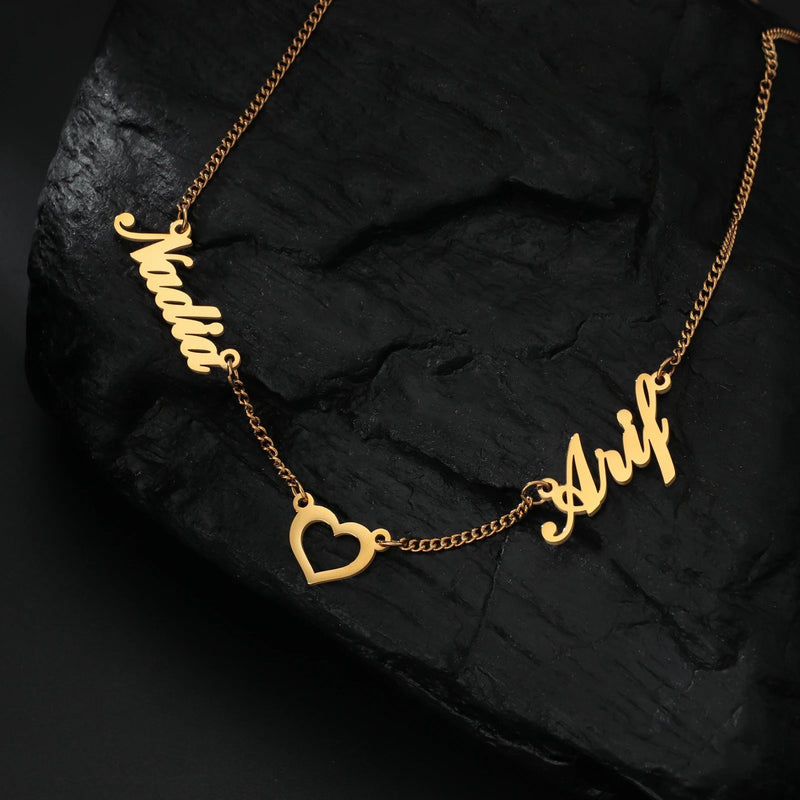Personalized 2 Nameplates Pendant Necklace with Heart