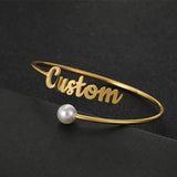 Personalized Name Bangle with Pearl Stainless Steel Bracelet for Women