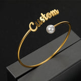 Personalized Name Bangle with Pearl Stainless Steel Bracelet for Women