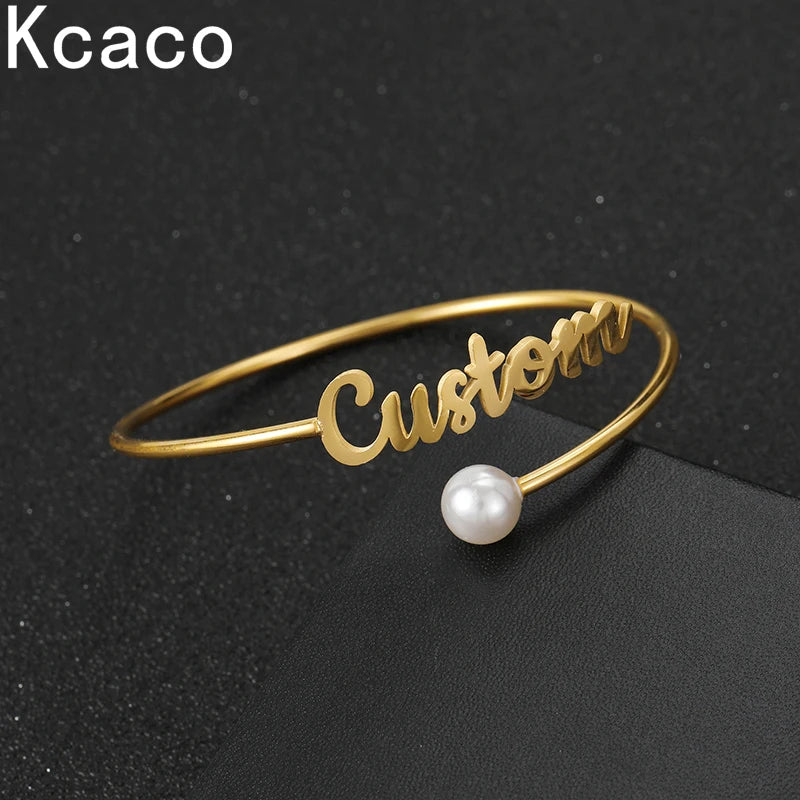 Personalized Name Bangle with Pearl Stainless Steel Bracelet for Women
