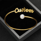 Personalized Name Bangle with Pearl Stainless Steel Bracelet for Women