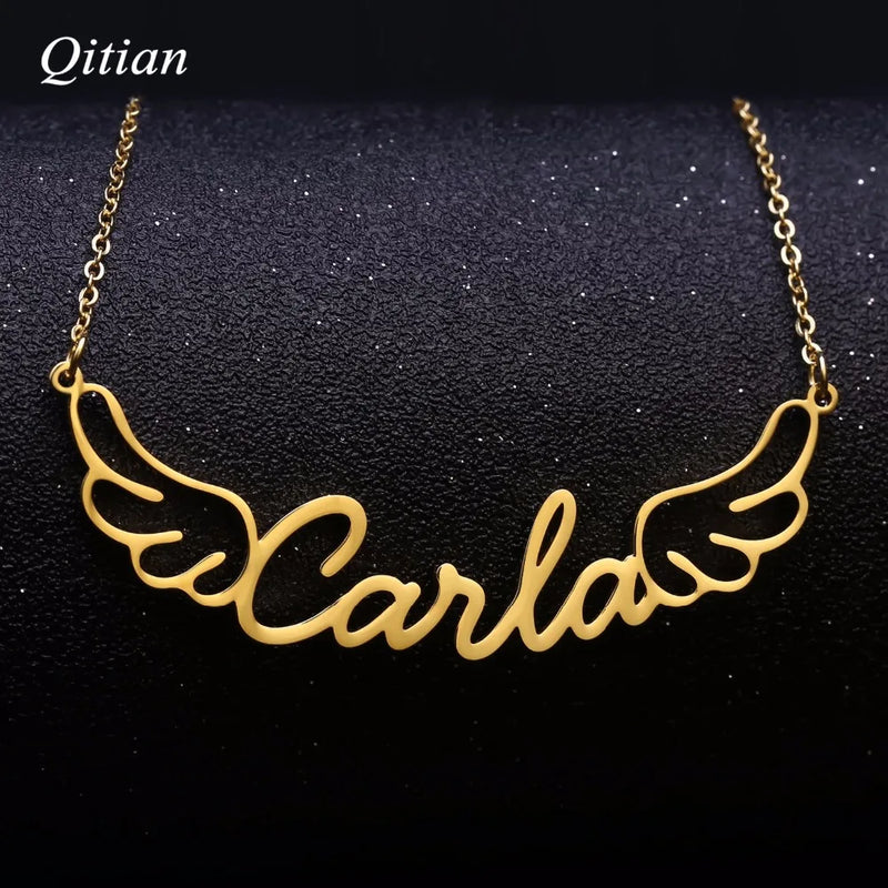 Personalized Name Angel Wings Necklace Stainless Steel Choker in Rose Silver