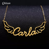 Personalized Name Angel Wings Necklace Stainless Steel Choker in Rose Silver