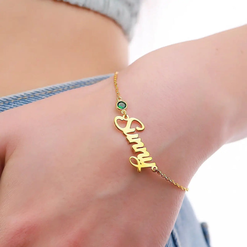 Personalized Name Bracelet with Birthstone - Stainless Steel