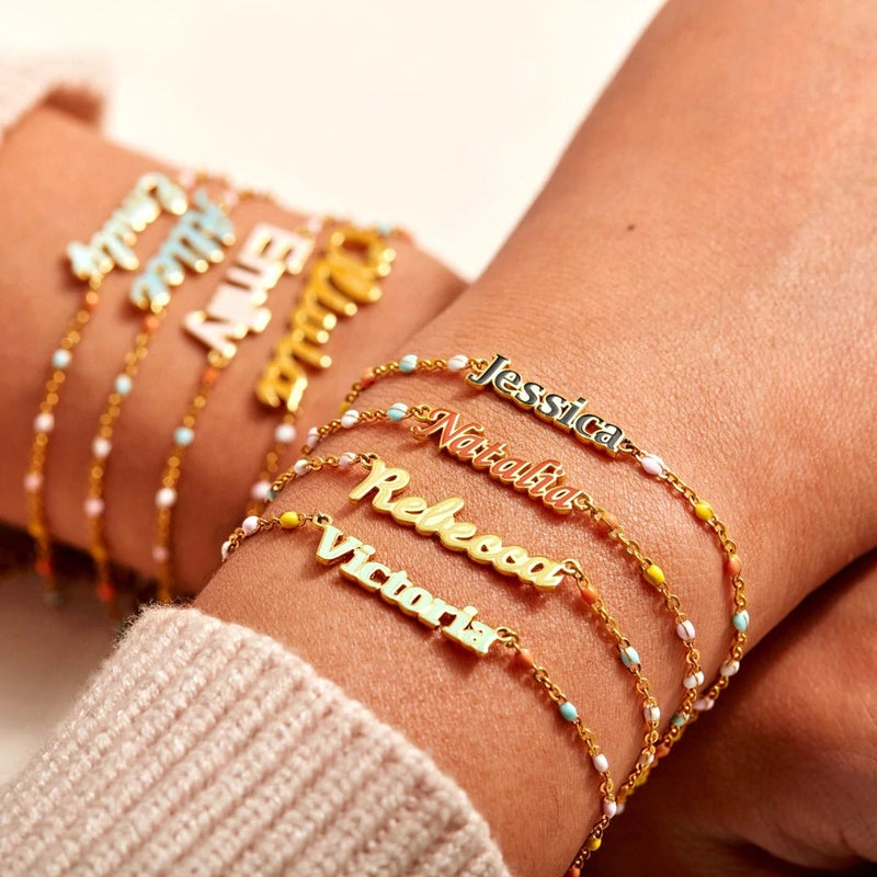 Enamel Name Bracelet Bangle - Personalized Chain Jewelry Gift