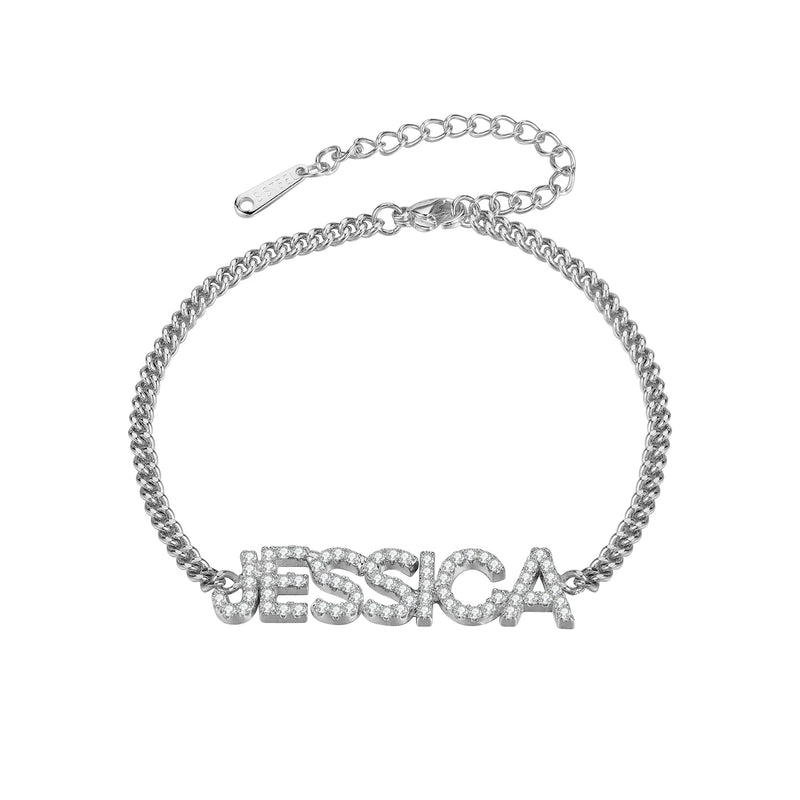 Custom Name Bracelet with Crystal Letter Bangle - Chain Included