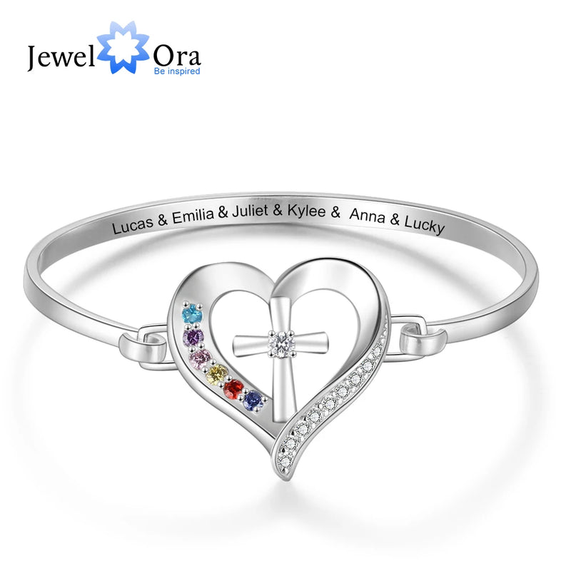 Personalized Mother Bracelet with 6 Birthstones Engraved Cross & Heart