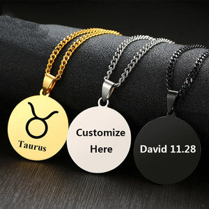 Personalized Name Coin Necklace Stainless Steel Pendant Engraving Constellation