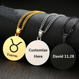 Personalized Name Coin Necklace Stainless Steel Pendant Engraving Constellation