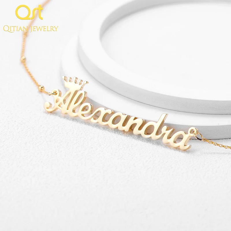 Personalized Name Crown Necklace Cursive Font Nameplate Pendant Stainless Steel