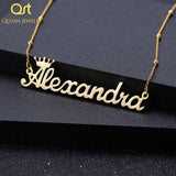 Personalized Name Crown Necklace Cursive Font Nameplate Pendant Stainless Steel