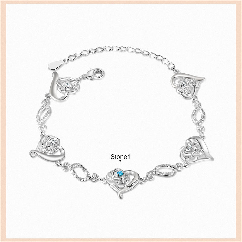 Personalized Name Engraved Heart Chain Bracelet with Birthstone