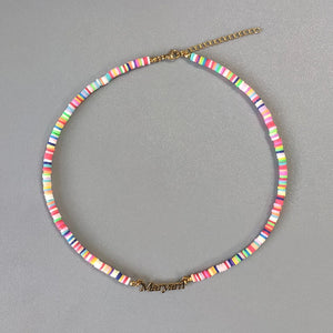 Boho Rainbow Clay Choker Name Necklace Stainless Steel Pendant Gift
