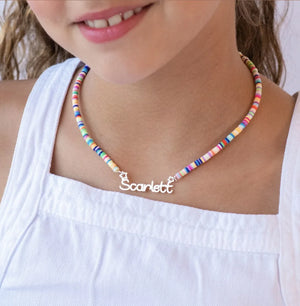 Boho Rainbow Clay Choker Name Necklace Stainless Steel Pendant Gift