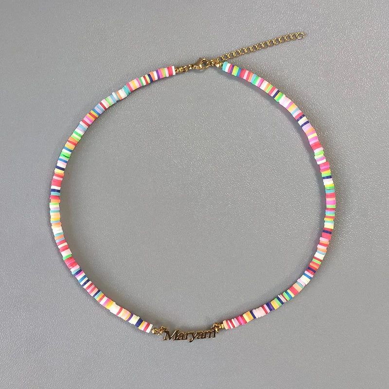 Boho Rainbow Clay Choker Name Necklace Stainless Steel Pendant Gift
