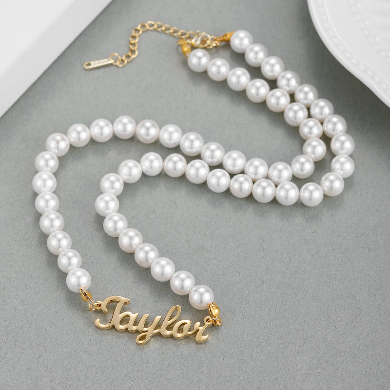 Personalized Name Necklace Pearl Nameplate Stainless Steel Pendant Charm Jewelry
