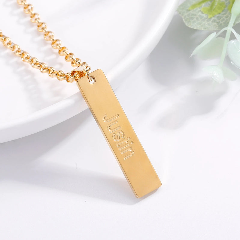 Custom Name Necklace Date Pendant Stainless Steel Bar Engraving Gift