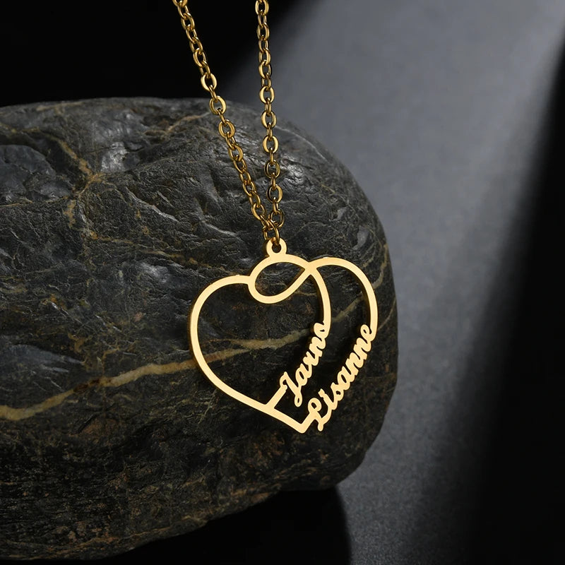 Personalized Name Necklace Stainless Steel Choker Double Heart Necklaces