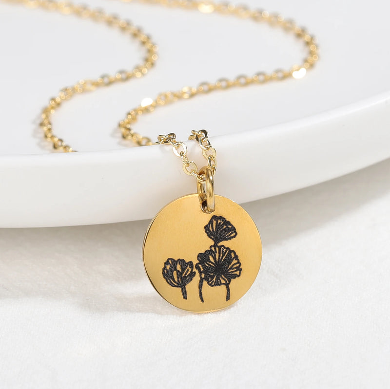 Flowers Pattern Name Necklace Stainless Steel Personalized Gift
