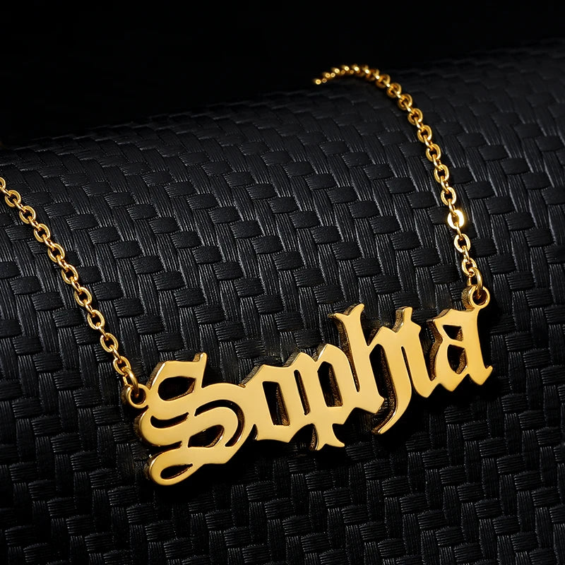 Personalized Old English Nameplate Necklace Stainless Steel Pendant Chain