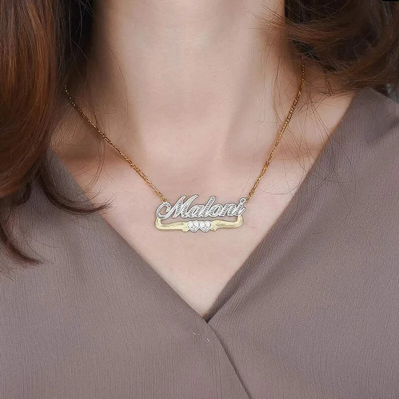 Two Tone Double Plated Hearts Name Necklace 18K Stainless Steel Jewelry