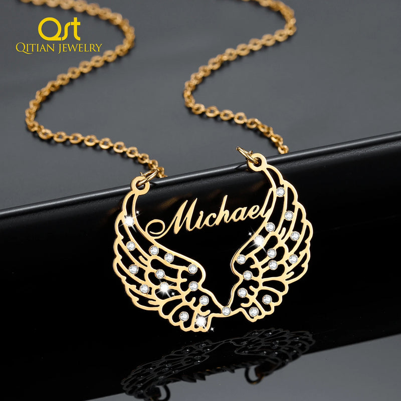 Personalized Name Necklace with Angel Wings Stainless Steel Pendant Chain