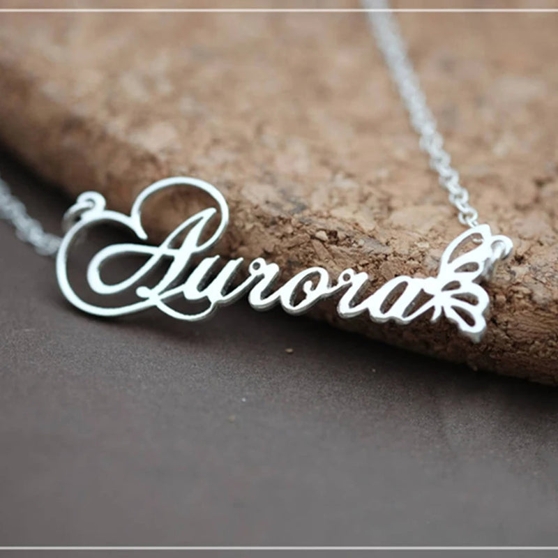Butterfly Name Necklace Stainless Steel Cursive Nameplate