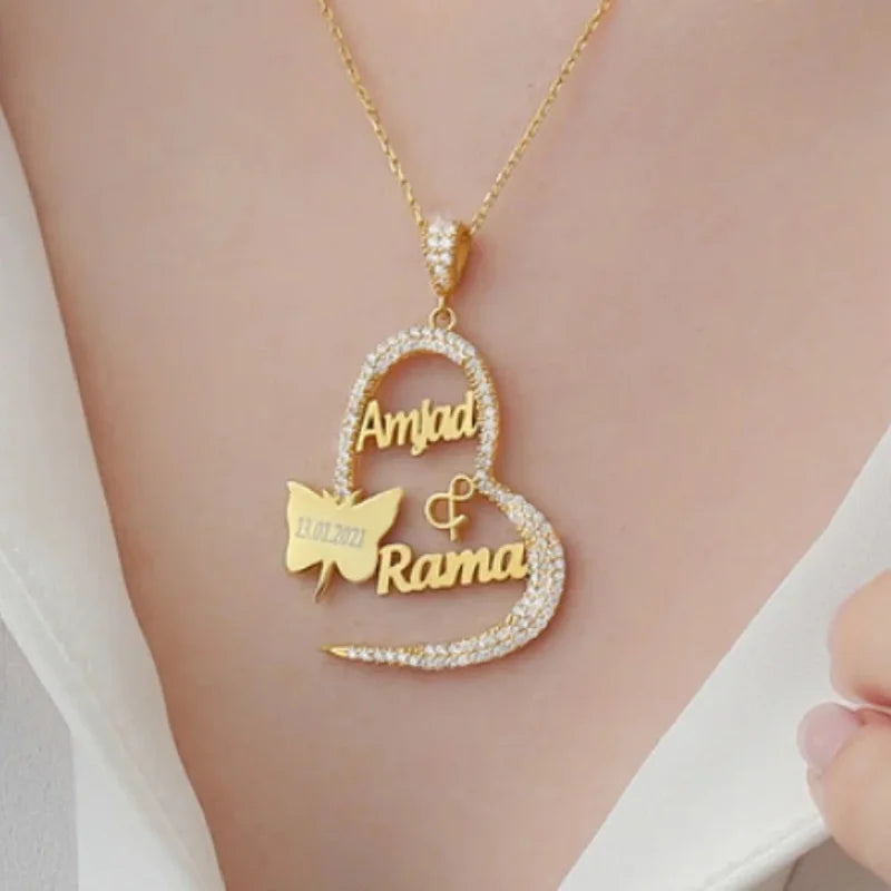 Personalized Name Necklace With Heart And Butterfly Engrave Names And Date