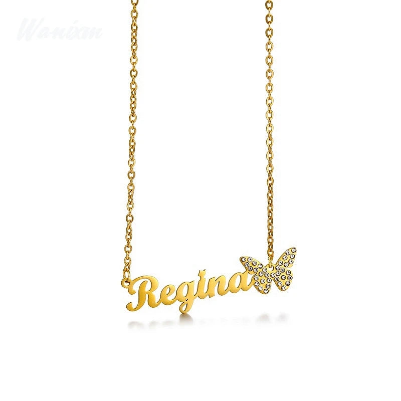 Butterfly Zircon Name Necklace Stainless Steel Women Vintage Jewelry