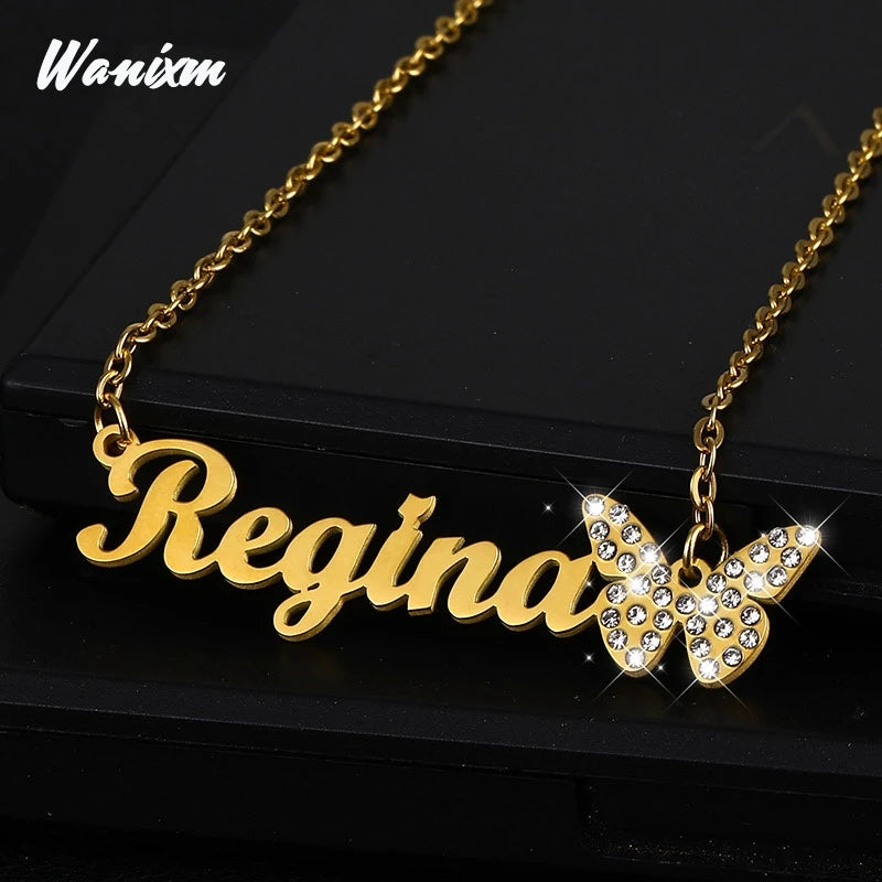 Butterfly Zircon Name Necklace Stainless Steel Women Vintage Jewelry