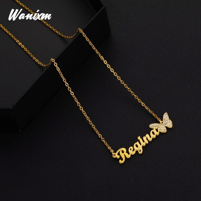 Butterfly Zircon Name Necklace Stainless Steel Women Vintage Jewelry