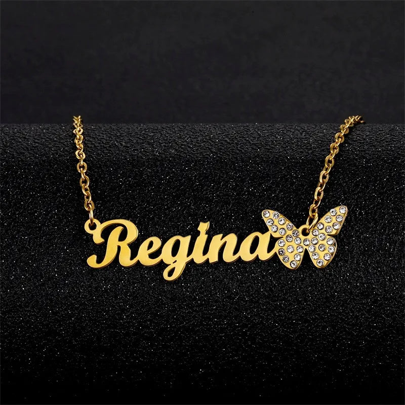 Butterfly Zircon Name Necklace Stainless Steel Women Vintage Jewelry