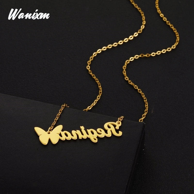 Butterfly Zircon Name Necklace Stainless Steel Women Vintage Jewelry