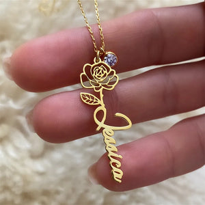 Custom Birth Flower & Birthstone Name Necklace - Personalized Mother's Gift