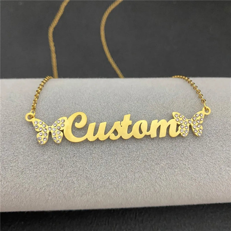 Diamond Butterfly Name Necklace for Women Stainless Steel Jewelry