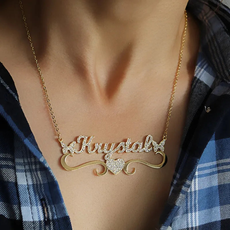 Heart Double Butterfly Name Necklace with Diamond, Stainless Steel Jewelry