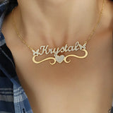 Heart Double Butterfly Name Necklace with Diamond, Stainless Steel Jewelry
