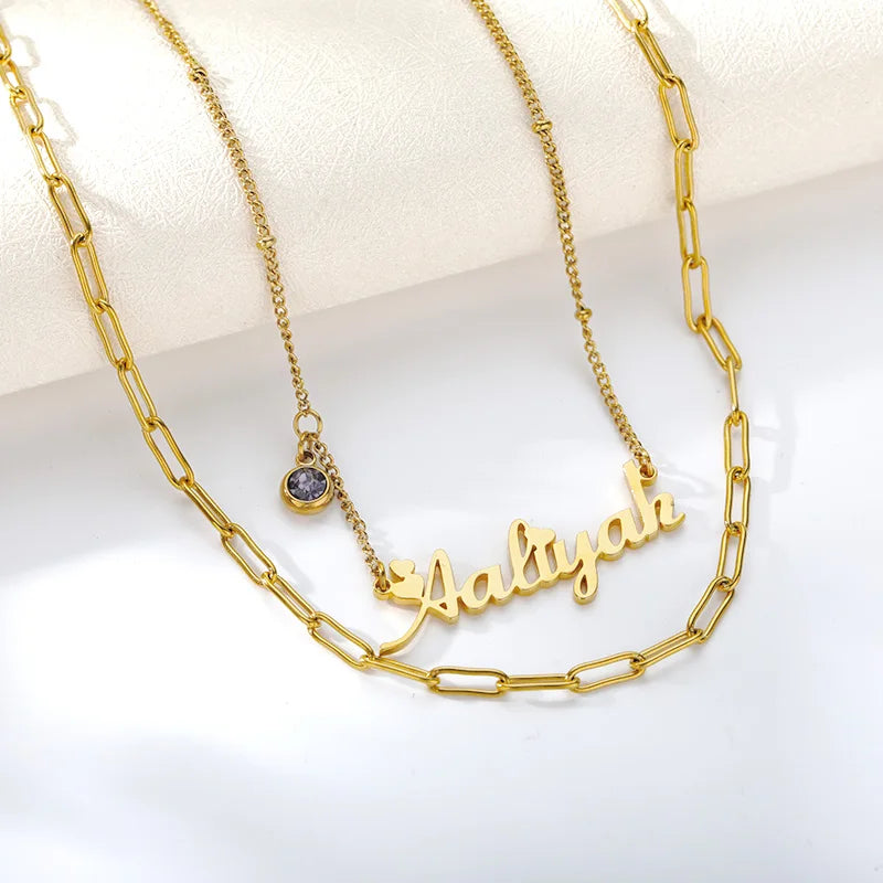 Custom Name Necklace Birthstone Stainless Steel Women