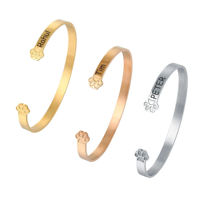Personalized Name Paw Cuff Bangle Stainless Steel Bangle