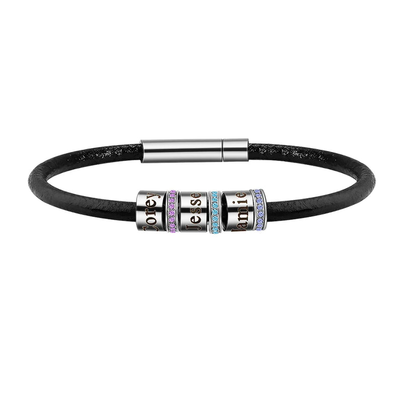 Personalized Name Beads Bracelet with Birthstone, Leather Bracelet
