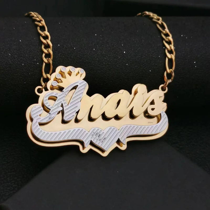 Personalized Nameplate Double Necklace with Heart Crown Necklace for Women
