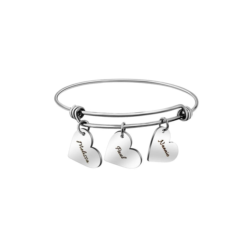 Personalized Hearts Name Bracelet Stainless Steel Engraved Adjustable Bangle