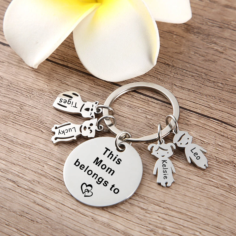 Personalized Nanny Keyring, Heart Keychain with Kids Charm