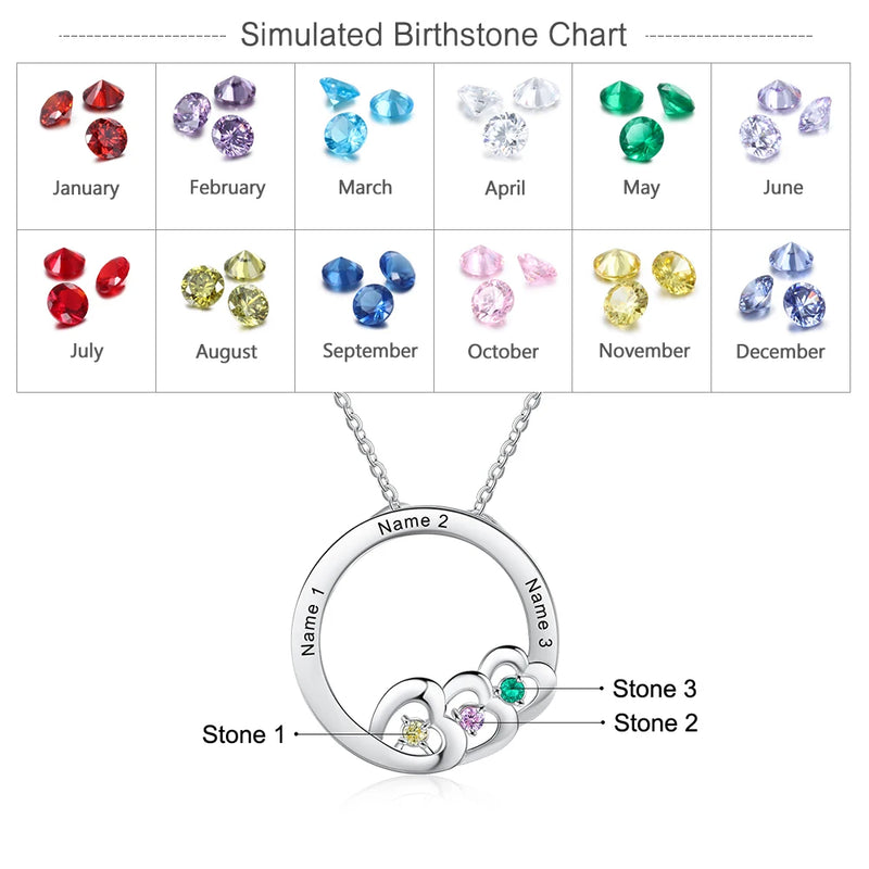 Custom Family Heart Necklace Stainless Steel Engraved Name Birthstone Gift