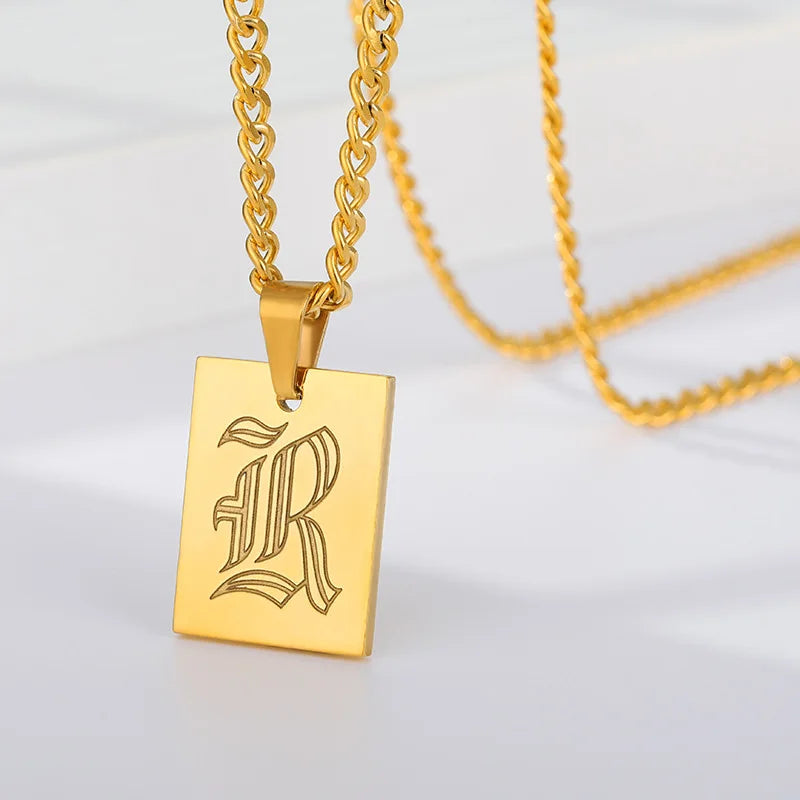 Custom Old English Initial Necklace Stainless Steel Pendant Cuban Chain