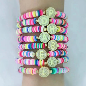 Crystal Initial Confetti Bracelets for Women - A-Z Letter Beads Elastic Bra