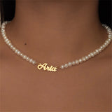 Personalized Pearl Necklace Name Necklace Stainless Steel Double Nameplate