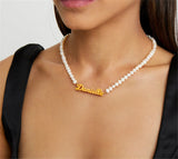Personalized Pearl Necklace Name Necklace Stainless Steel Double Nameplate