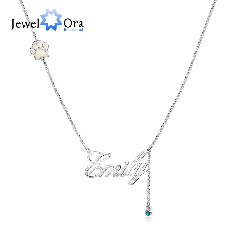Pet Paw Nameplate Necklace with Birthstone