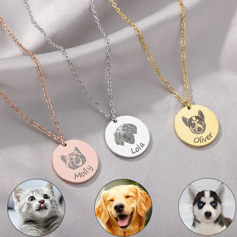 Personalized Pet Photo Name Necklace Engraved Disc Pendant